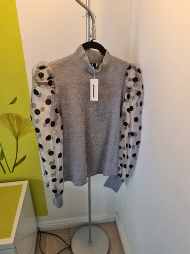 Grey Long Sleeve Top Size L spotted women cotton sweater polka dot sheer black