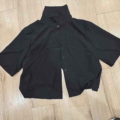Cropped Split Top Shirt Black Womens Medium Button Bluse Fashion