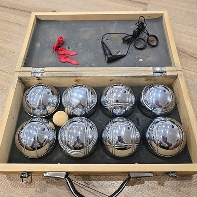 Bocce Balls Set Vintage 8 Balls Measuring Magnets Wooden Box Case Silver Boules