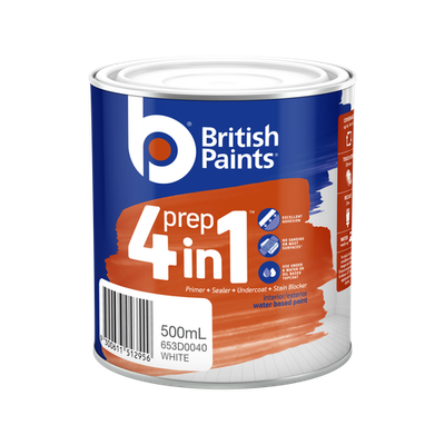 British Paints White 4 In 1 Prep Water Based Primer Sealer Undercoat - 500ml