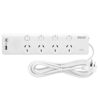 Arlec 4 Outlet Individually Switched Surge Powerboard With PD30W Rapid Charging