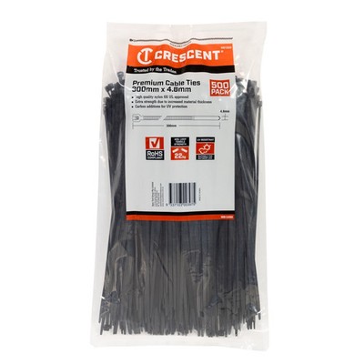 CRESCENT 300mm x 4.8mm Black Cable Ties - 500 pieces Car Wiring Adapter