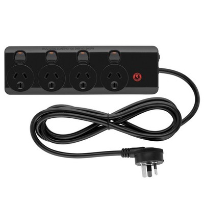 Arlec Black 4 Outlet Surge Protected Powerboard Workshop Tool
