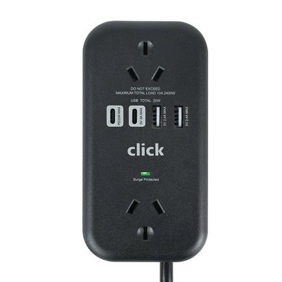 Click Fast Charging 2 Outlet Black Powerboard with USB A & C Outlets and Cord St
