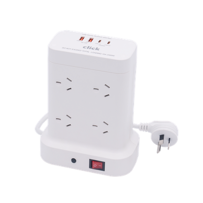 Click 8 Outlet Tower Power Board With PD20W USB Charger Car Charger