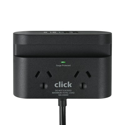 Click Fast Charging 2 Outlet Black Powerboard with USB A & C Ports and Phone hol