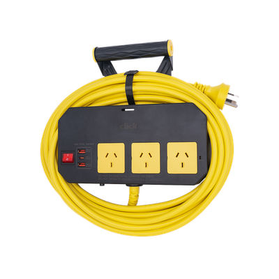 Click 10m Cord Wall Mountable 3 Outlet Power Board With Hanger