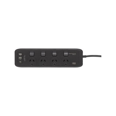 HPM 4 Outlet Black General Purpose USB Switched Powerboard Car Charger