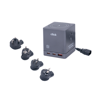 Click 2 Outlet Travel Powerboard With PD45W USB Charger And 15W Wireless Charger