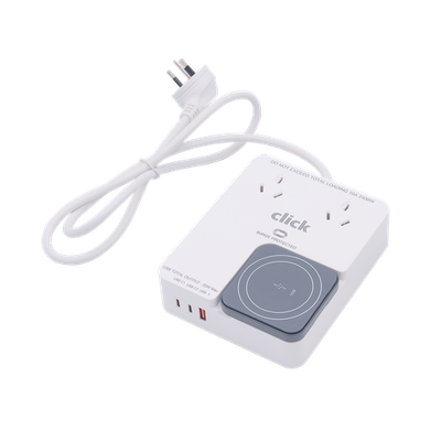 Click 2 Outlet Power Board with Wireless Phone Charger Car Charger