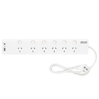 Arlec 6 Outlet Surge Protected Powerboard With PD20W Rapid Charging USBs