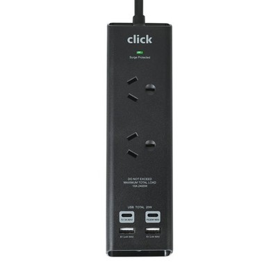 Click Fast Charging 2 Outlet Black Wall Mountable Powerboard with USB A & C Outl