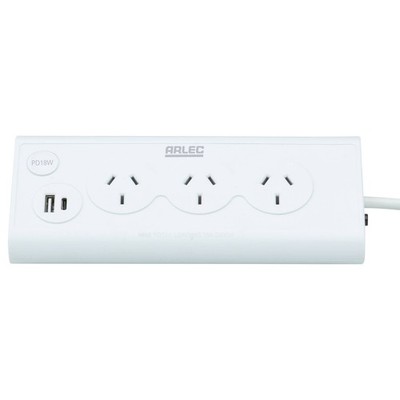 Arlec 3 Outlet Triangular Powerboard With PD18W Fast Charging USBs Car Charger