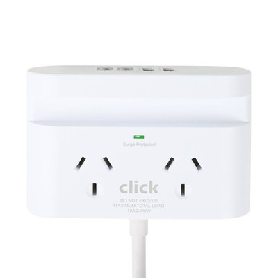 Click Fast Charging 2 Outlet White Powerboard with USB A & C Ports and Phone Hol
