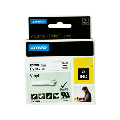 DYMO 12mm Black On White Vinyl Rhino Industrial Labels