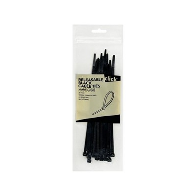 Click 200mm Black Releasable Cable Tie - 25 pieces Car Wiring Adapter