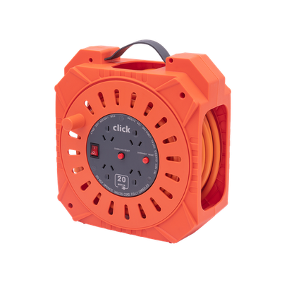 Click 20m Orange and Grey Heavy Duty 4 Outlet Cable Reel Car Wiring Adapter