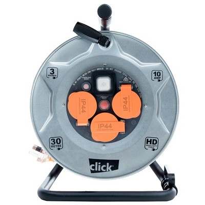 Click 30m Heavy Duty 3 Outlet Steel Cable Reel Car Wiring Adapter