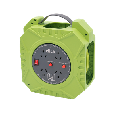 Click 15m Green and Grey Domestic 4 Outlet Cable Reel Car Wiring Adapter