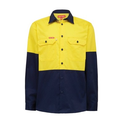 Hard Yakka Yellow/Navy Hi Vis Long Sleeve Shirt - Size L(
