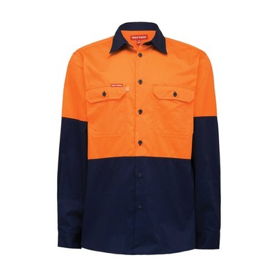 Hard Yakka Orange/Navy Hi Vis Long Sleeve Shirt - Size XL