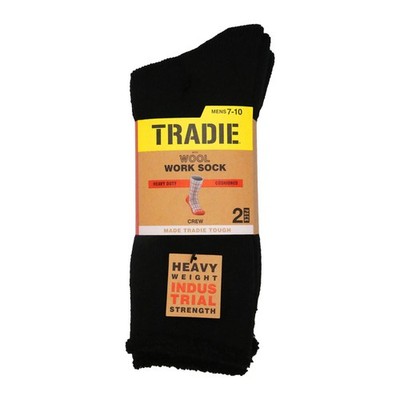 Tradie Men's Black Wool Crew Socks 2 Pack Size 7-10