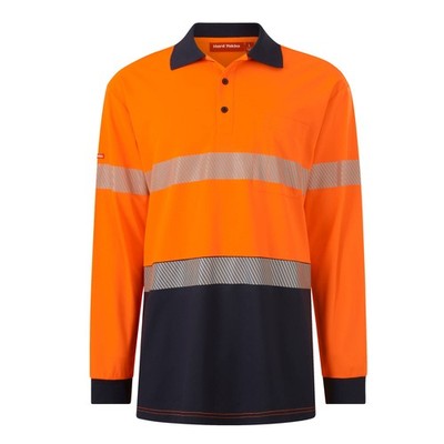 Hard Yakka Orange/Navy Men's Long Sleeve Hi Vis Taped Polo - Size L