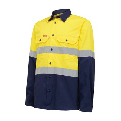Hard Yakka Yellow / Navy Hi Vis Taped Long Sleeve Shirt - Size L