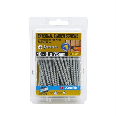 Zenith 10 - 8 x 75mm Galvanised Countersunk Rib Head Timber Screws - 50 pieces