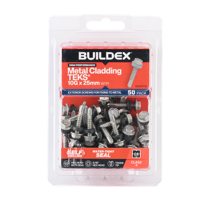 Buildex 10G x 25mm Class 4 Cladding & Fencing TEKS® Screws with Seal - 50 pieces