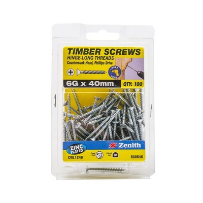 Zenith 6G x 40mm Zinc Plated Hinge-Long Thread Countersunk Head Timber Screws -