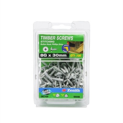Zenith 8G x 30mm Galvanised Button Head Stitching Timber Screws - 100 pieces