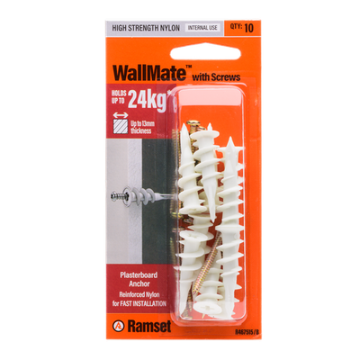 Ramset Nylon WallMate Plasterboard Anchor with Screws – 10 pieces