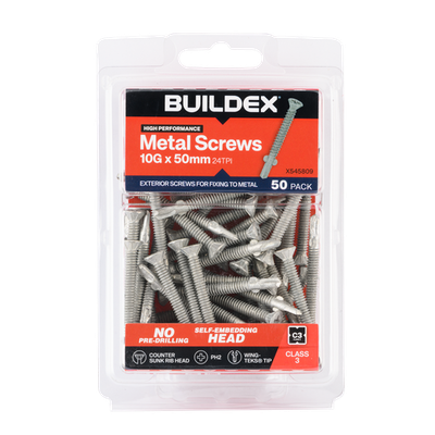 Buildex 10G x 50mm Class 3 Sheet Metal Screws (Countersunk Rib Head) - 50 pieces