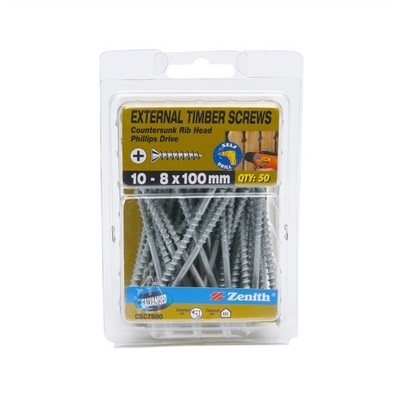Zenith 10 - 8 x 100mm Galvanised Countersunk Rib Head Timber Screws - 50 pieces