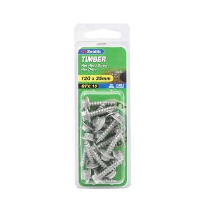 Zenith 12G x 25mm Galvanised Hex Head Timber Screws - 15 pieces