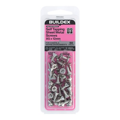 Buildex 8G x 12mm SS316 Self Tapping Sheet Metal Screws - 50 pieces