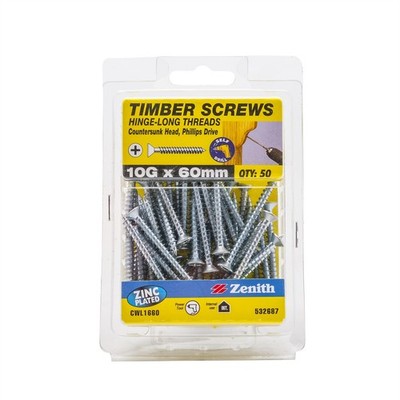 Zenith 10G x 60mm Zinc Plated Hinge-Long Thread Timber Screws - 50 pieces