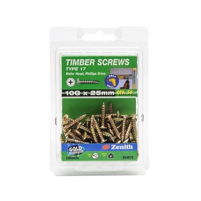 Zenith 10G x 25mm Gold Passivated Wafer Head Type 17 Timber Screws - 50 pieces