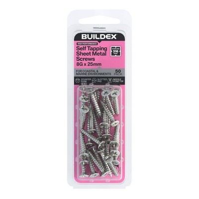 Buildex 8G x 25mm SS316 Self Tapping Sheet Metal Screws - 50 pieces
