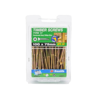 Zenith 10G x 75mm Gold Passivated Type 17 Countersunk Head Timber Screws - 50 Pa