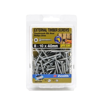 Zenith 8 - 10 x 40mm Galvanised Countersunk Rib Head Timber Screws - 100 pieces