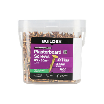 Buildex 6G x 30mm Gold Passivated Plasterboard Screws - 1000 pieces