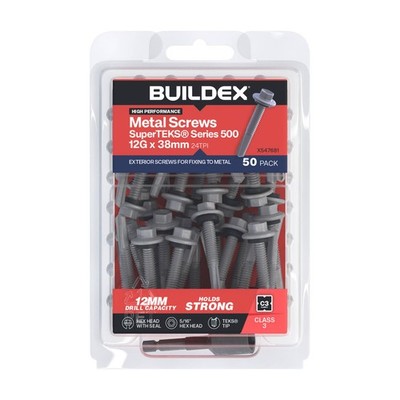 Buildex 12G x 38mm Class 3 Galvanised SuperTEKS® Series 500 Screws with Seal - 5