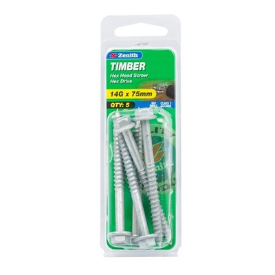 Zenith 14G x 75mm Galvanised Hex Head Timber Screws - 5 pieces