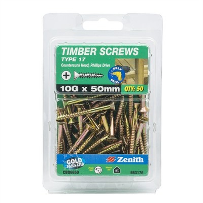 Zenith 10G x 50mm Gold Passivated Type 17 Countersunk Head Timber Screws - 50 Pa