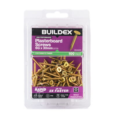 Buildex 6G x 30mm Gold Passivated Plasterboard Screws (Dual Type-17 Tip) - 100 P