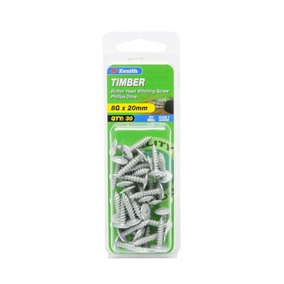 Zenith 8G x 20mm Galvanised Button Head Stitching Timber Screws - 30 pieces