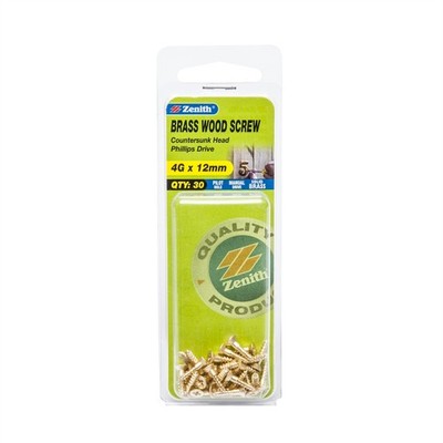 Zenith 4G x 12mm Brass Countersunk Head Wood Screws - 30 pieces