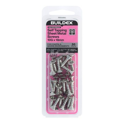 Buildex 10G x 18mm SS316 Self Tapping Sheet Metal Screws - 50 pieces